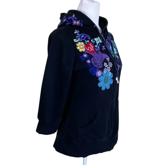 INC Y2K Ed Hardy Style Peace & Love Hippie Floral Embroidery Hoodie Black S - Picture 4 of 16